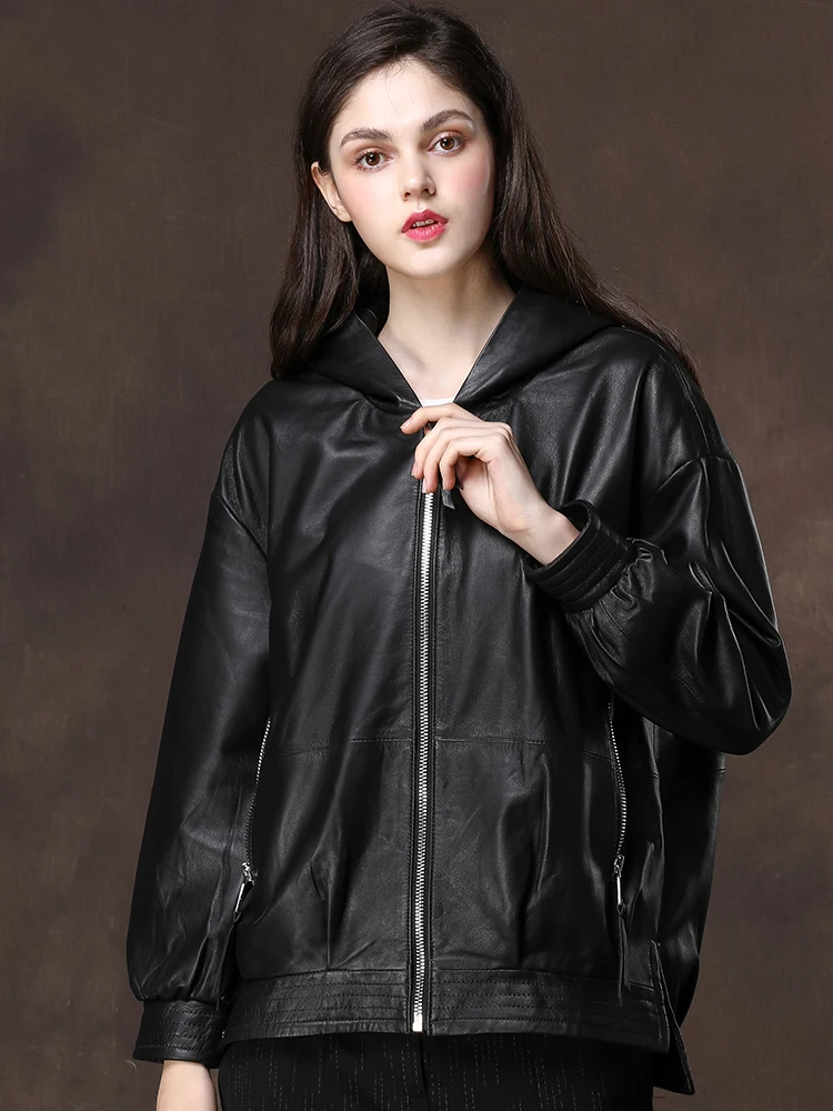 Nerazzurri Spring Autumn Casual Hooded Waterproof Black Soft Pu Leather Jackets for Women with Drop Shoulder Long Sleeve Zipper