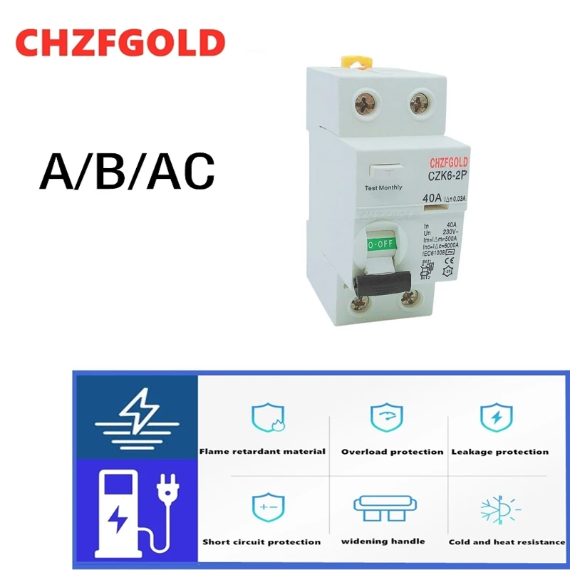 

CHZFGOLD CZK6 RCCB 1-2P 16A 25A 32A 40A 63A 80A 100AResidual Current Circuit BreakerAC Hot Sale ELCB RCD 10mA 30mA 100mA 300mA