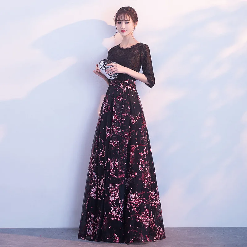 2020 New Arrival Long Evening Dress Half Sleeve a Line Floor Length Prom Dress Lace O-neck Banquet Party Dresses Vestido De Fest