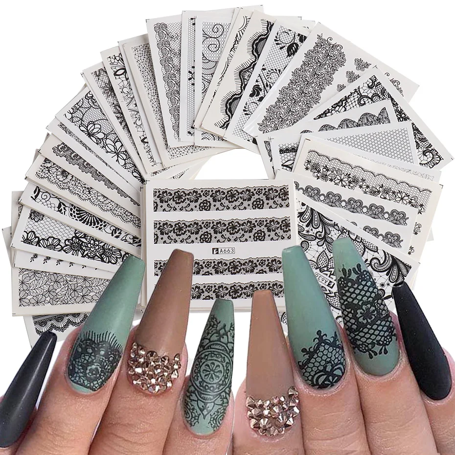 24-teiliges Spitzen-Nagelaufkleber-Set, Wasseraufkleber, Schwarz, Weiß, elegante Mischung, Blumen-Designs, Maniküre, Nagelkunst, Schieberegler, Folien, Dekorationen