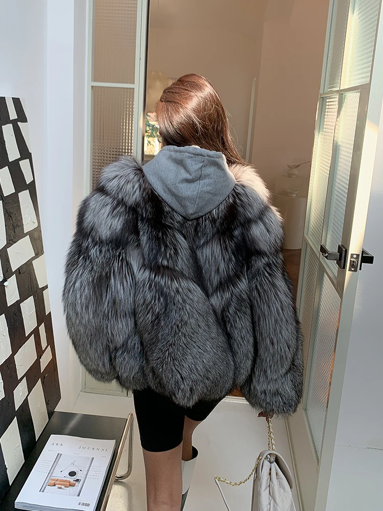 winter new real silver fox fur coats v-neck thick warm natural fur overcoats female genuine whole skin silver fox fur jackets