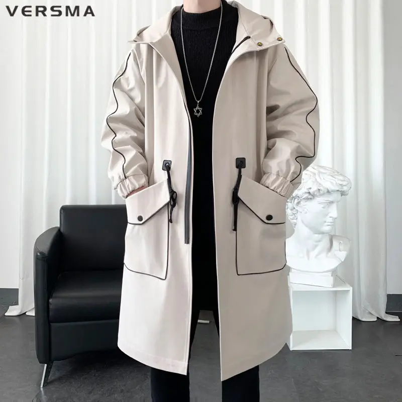 VERSMA Korean Harajuku Trendy Long Plus Size Trench Coat Men Spring Autumn Russian Hoooded Mens Black Trench Coats Dropshipping