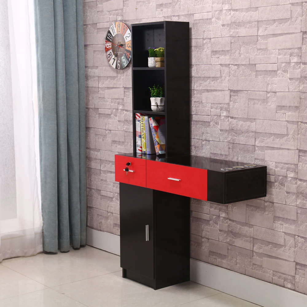 Wall Mount Beauty Salon Spa Mirrors Station Hair Styling Station Desk Black & Red US Warehouse