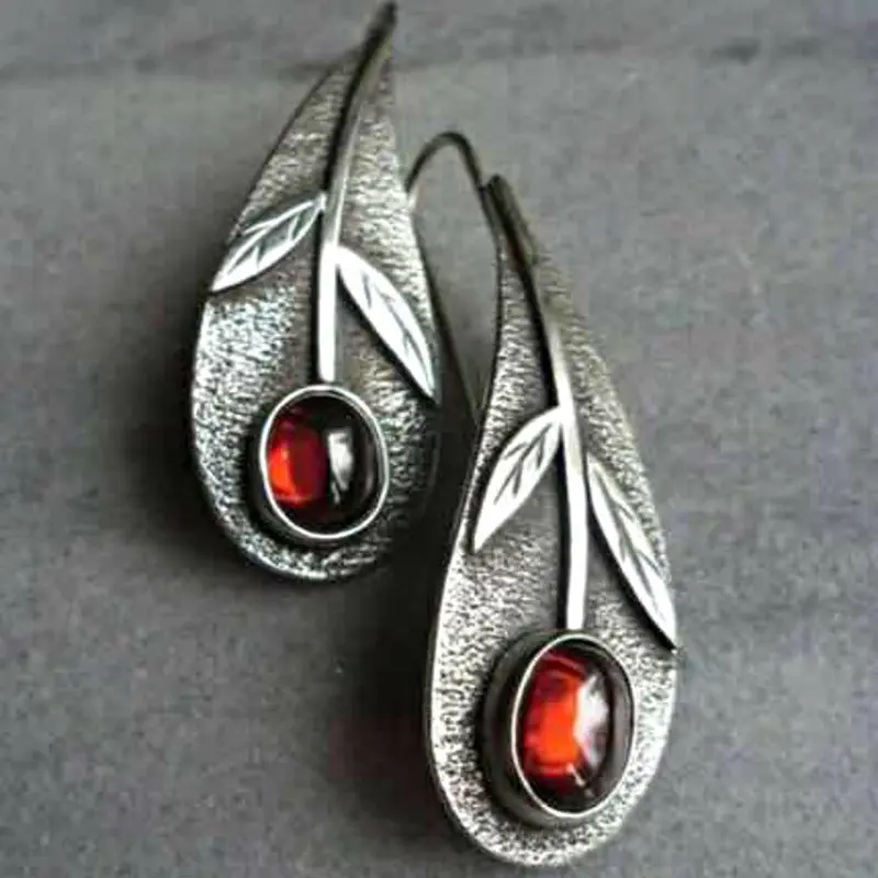 Vintage Pendientes Metal Antique Silver Leaf Drop Earrings For Women Boho Brincos Ethnic Red Resin Stone Earings Oorbellen Gifts
