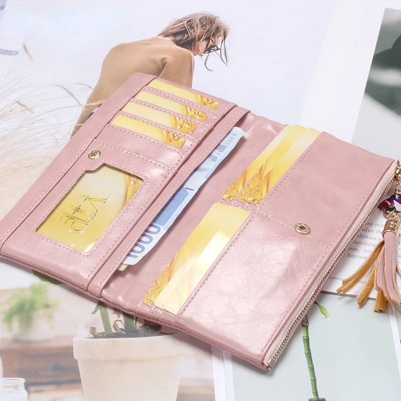 New Fashion Retro Long Buckle Ladies Wallet Coin Purse Pu Multi-card Card Bag Tassel Pendant Luxury Clutch