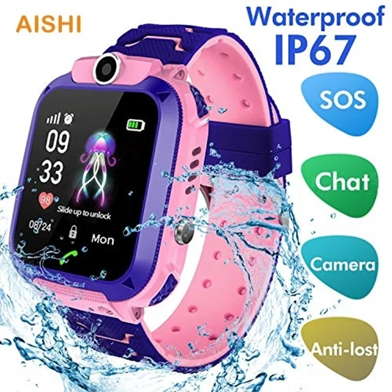 AISHI Q12 reloj inteligente para niños IP67 impermeable SOS cámara teléfono 2G tarjeta SIM llamada de voz LBS ubicación reloj infantil relojes inteligentes regalo