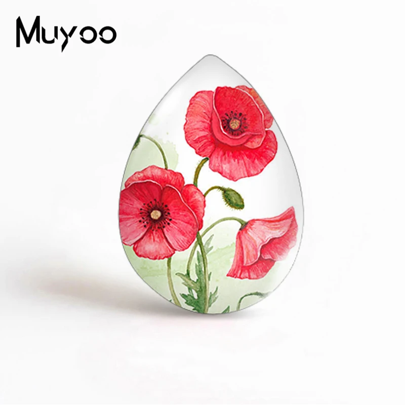 2021 New Colorful Poppies Flowers Tear Drop Glass Dome Photo Jewelry Handmade DIY Accessories