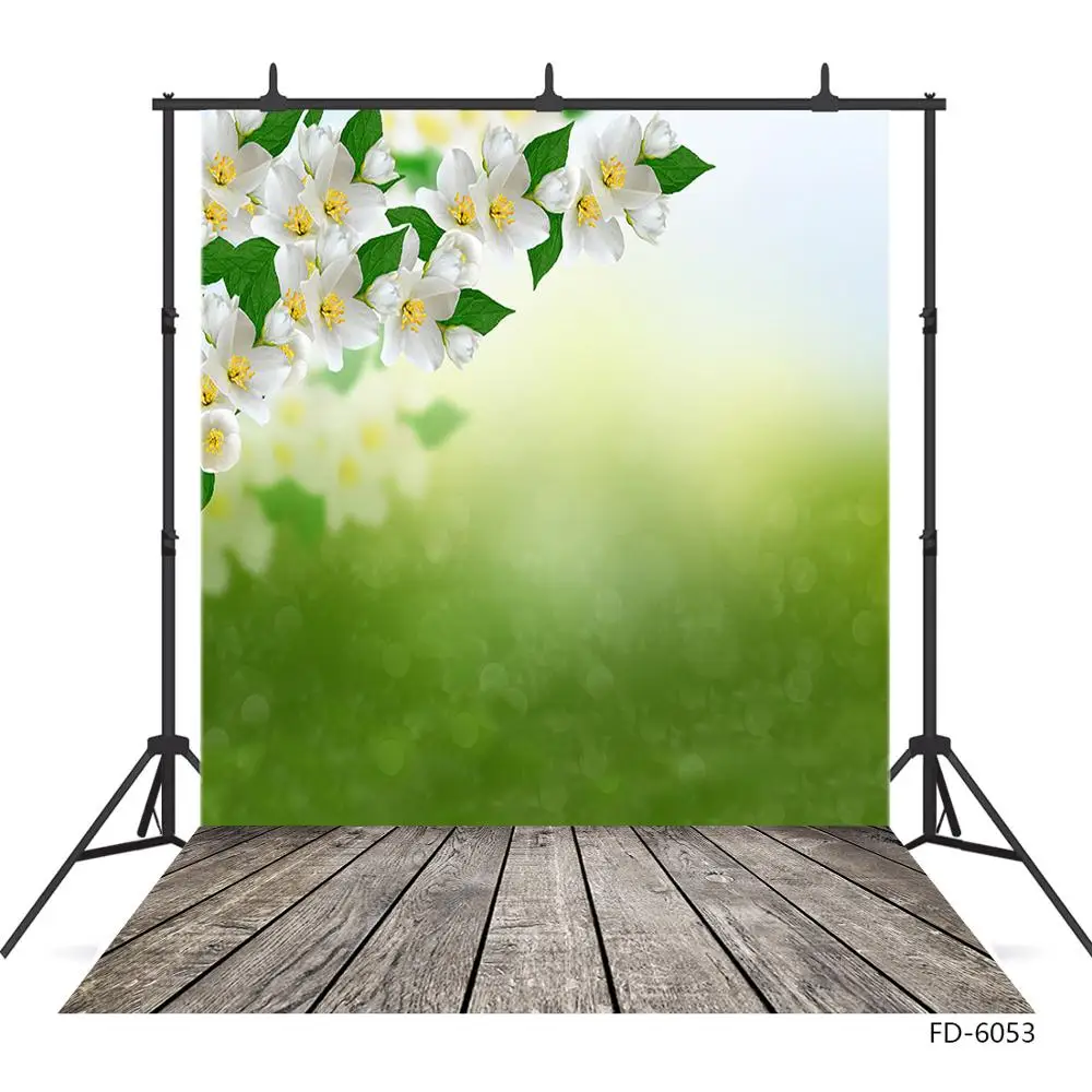 White Flowers Bokeh Wooden Plank Photo Background Custom Backdrop for Children Baby Portrait Pets Photophone Photography Props