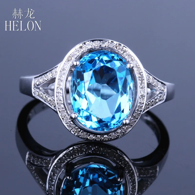 

HELON Solid 10K White Gold Flawless Oval 10x8mm Genuine Blue Topaz Diamonds Halo Fine Jewelry Engagement Wedding Diamonds Ring