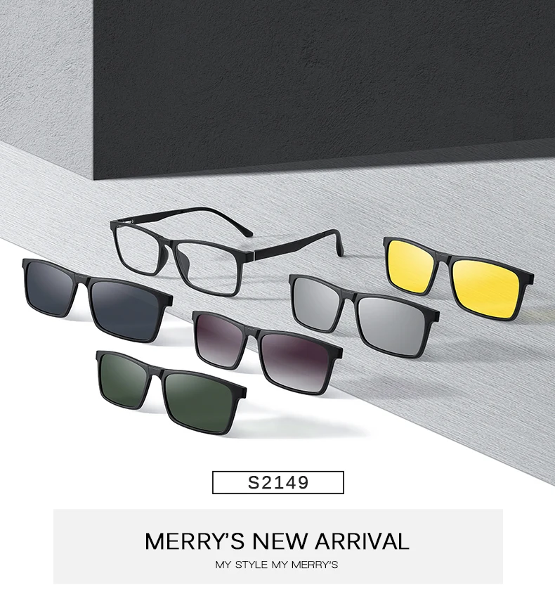 MERRYS DESIGN 5-in-1-Brillengestell mit magnetischem polarisiertem Clip für Herren und Damen, TR90-Brillengestell, quadratische Brillen S2149 – Detail 1