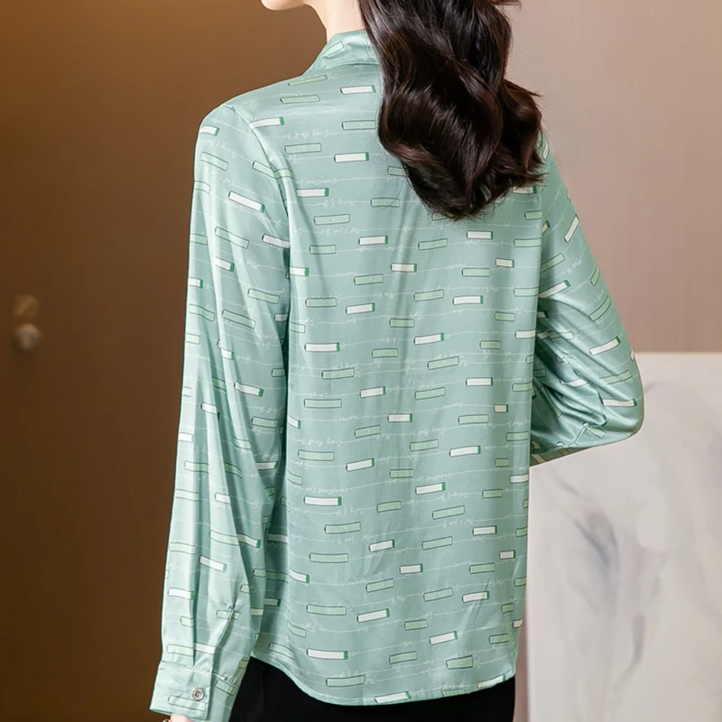 Casual Striped Shirts Women Satin Silk Blouse Elegant OL Office Ladies Green Print Work Shirt Fashion Female Tops Spring Autumn