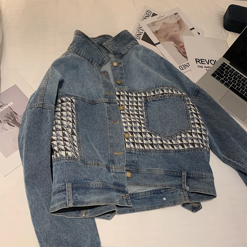 REALEFT 2021 New Autumn Women's Jeans Vintage Houndstooth Patchwork Casual Loose Pockets Denim Coats Jean Jackets Outwear Female