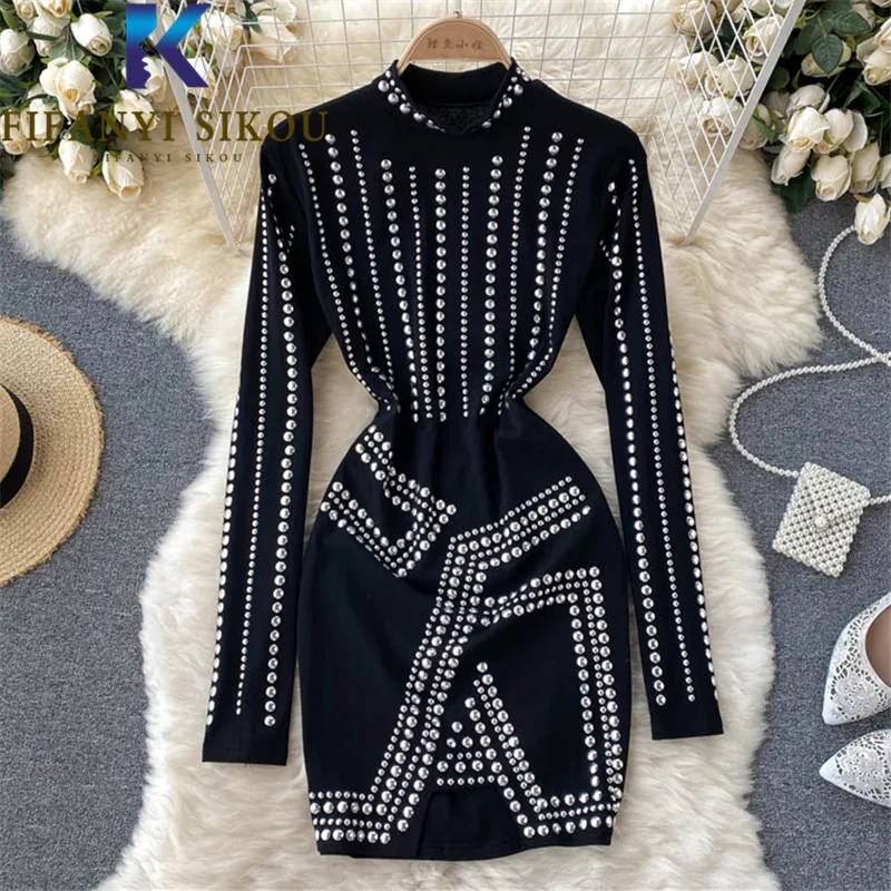 

Black High Waist Short Dress Women Diamonds Fashion O-Neck Long Sleeve Dress Ladies 2021 New Autumn Slim Sexy Dresses