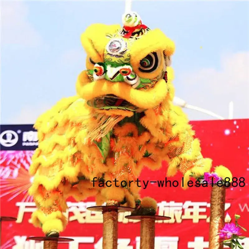 Yellow Lion Dance Mascot Costume Chinese Folk Art Wool Southern Lion Dance for Two Adults Cosplay Party Game Advertising