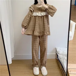 Spring Soft Loose Checkered Pyjamas Women Ruffles Plaid Pajamas Set Female Long Sleeve Lace Side Casual Vintage Pjs Homewear