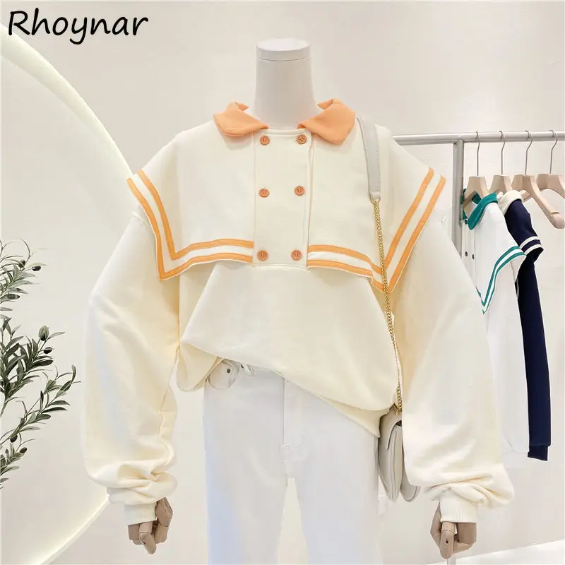 Sweatshirts Women Autumn All-match Loose Turn-down Collar New Patchwork Vintage Design Students Sweet Korean Style Fashion Daily