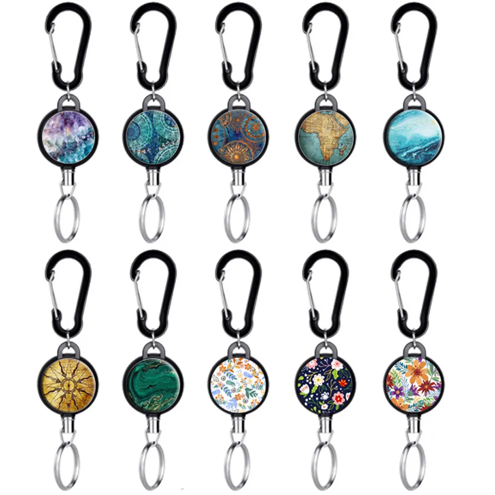 Retro Car Keychain Vintage Map Flower Mandala Retractable Buckle Nurse Badge Reel Clip Badge Holder For Students Doctor Key Ring