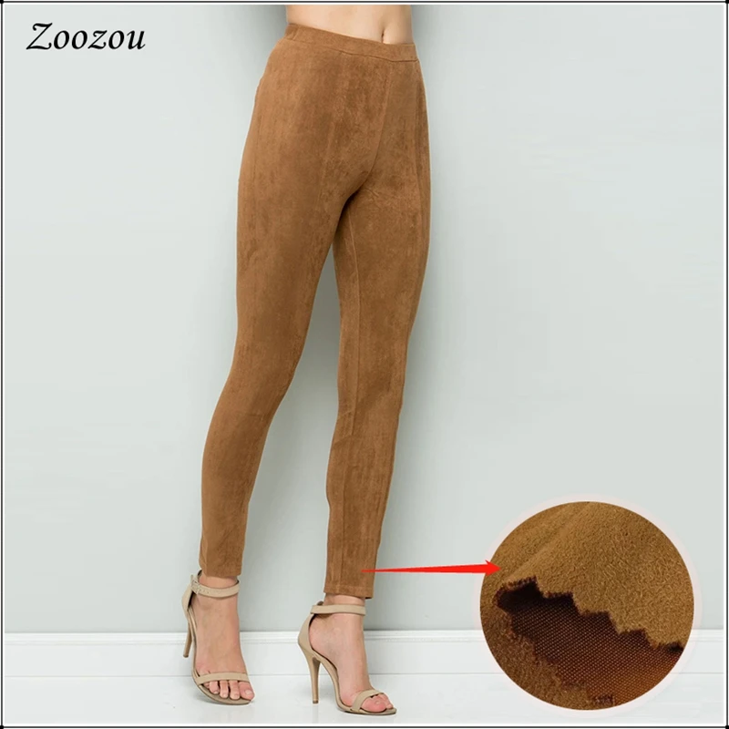 Women\'s Skinny Slim Suede Leggings, Soft Pencil Pants Capris, Monochromatic Stretch Trousers, Lady Elastic Bodycon Suede Pant,