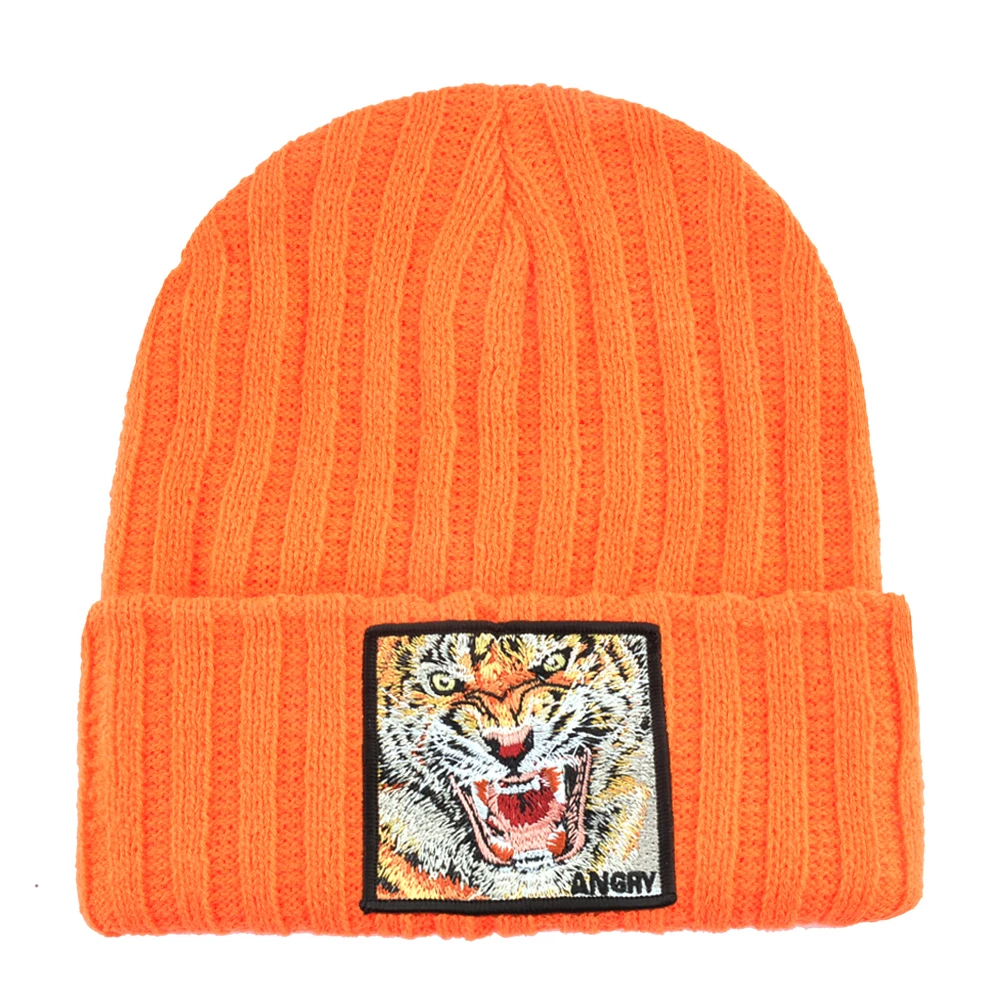 New Fashion Knitted Beanie Hat With Tiger Embroidery Patch Hip Hop Skullies Beanies Men Women Winter Knit Solid Color Ski Hat