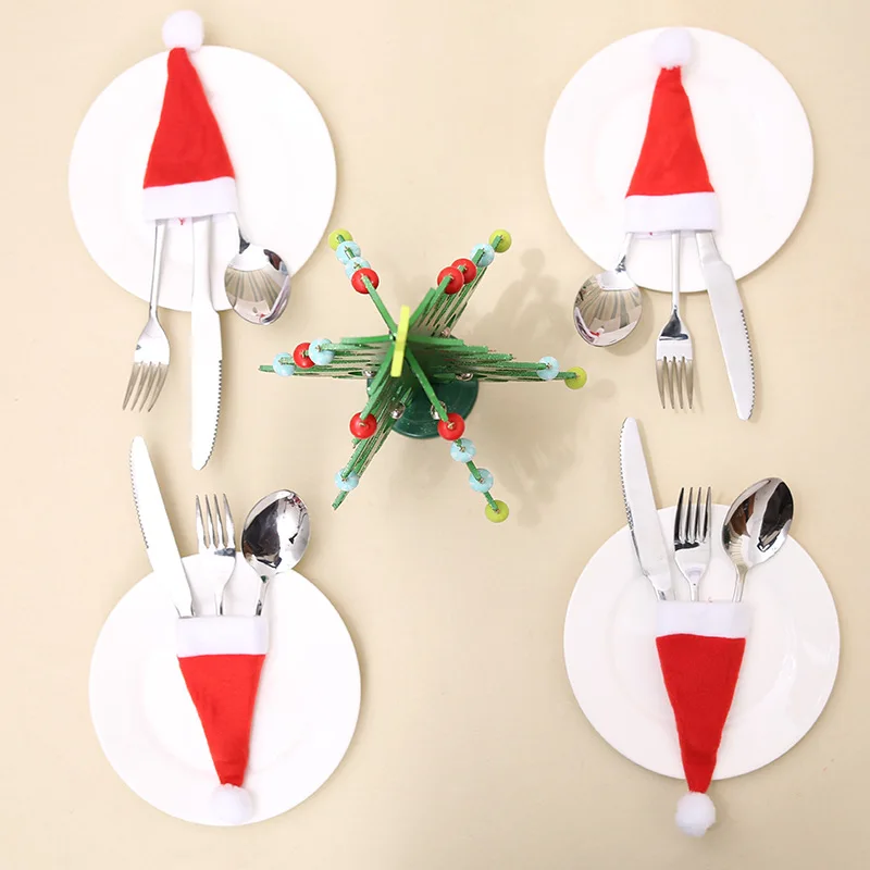 

10Pcs Christmas Santa Hat Silverware Holders Tableware Knife Fork Spoon Storage Bag Party Dinner Table Decoration Supplies