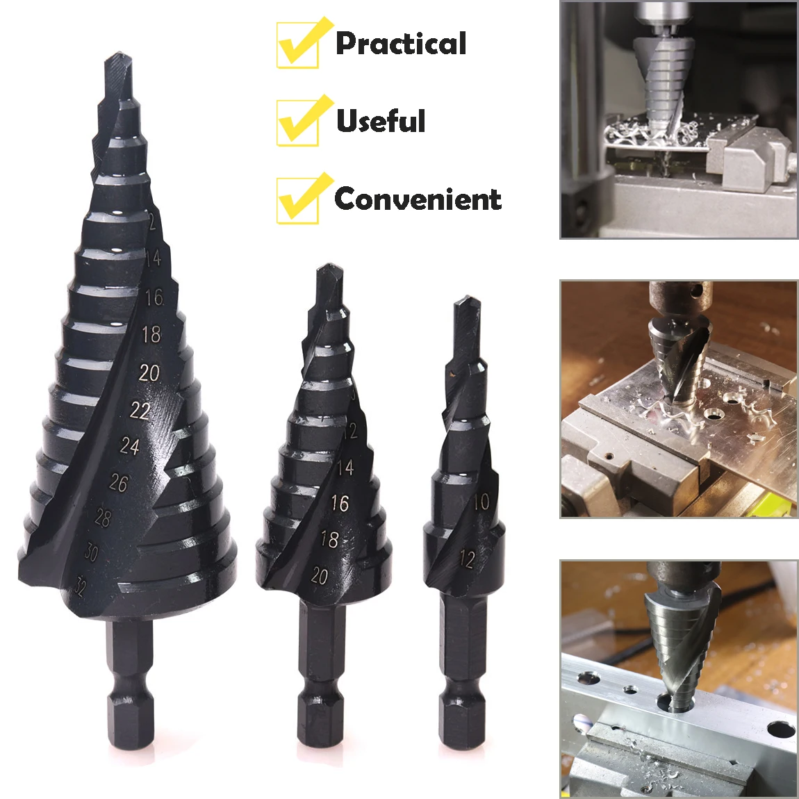 3pc 4-12mm 4-20mm 4-32mm HSS Step Drill Bit Set Black Spiral Groove Step Drilli Bit Nitrogen Coated Metal Hole Cutter Core Drill