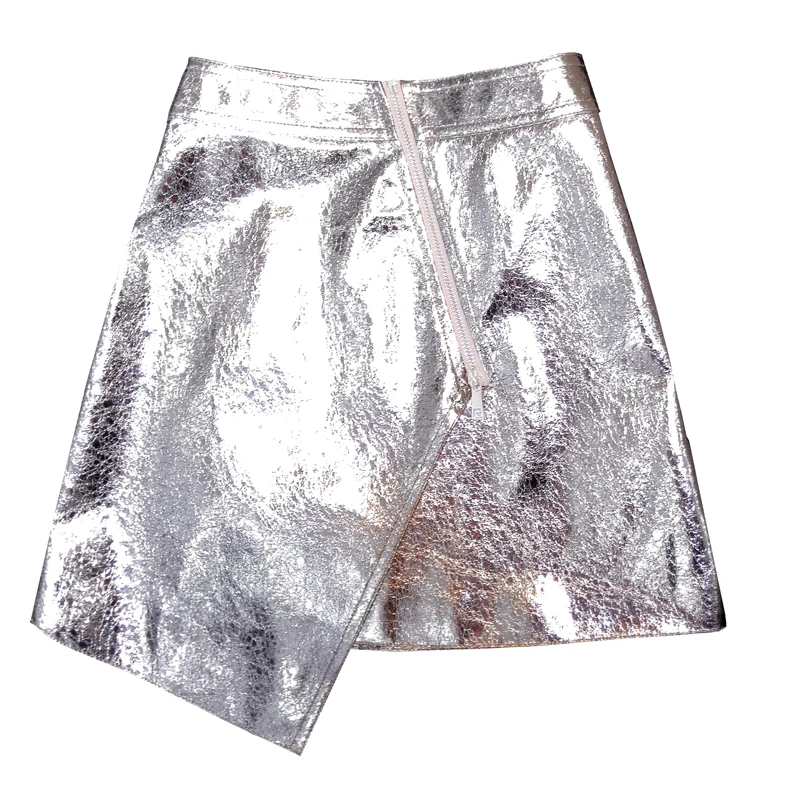 Patent Leather Silver Skirt Female Fashion Metal Color A-Line Shiny Mini Skirt Zipper High Waist PU Leather Skirts Streetwear