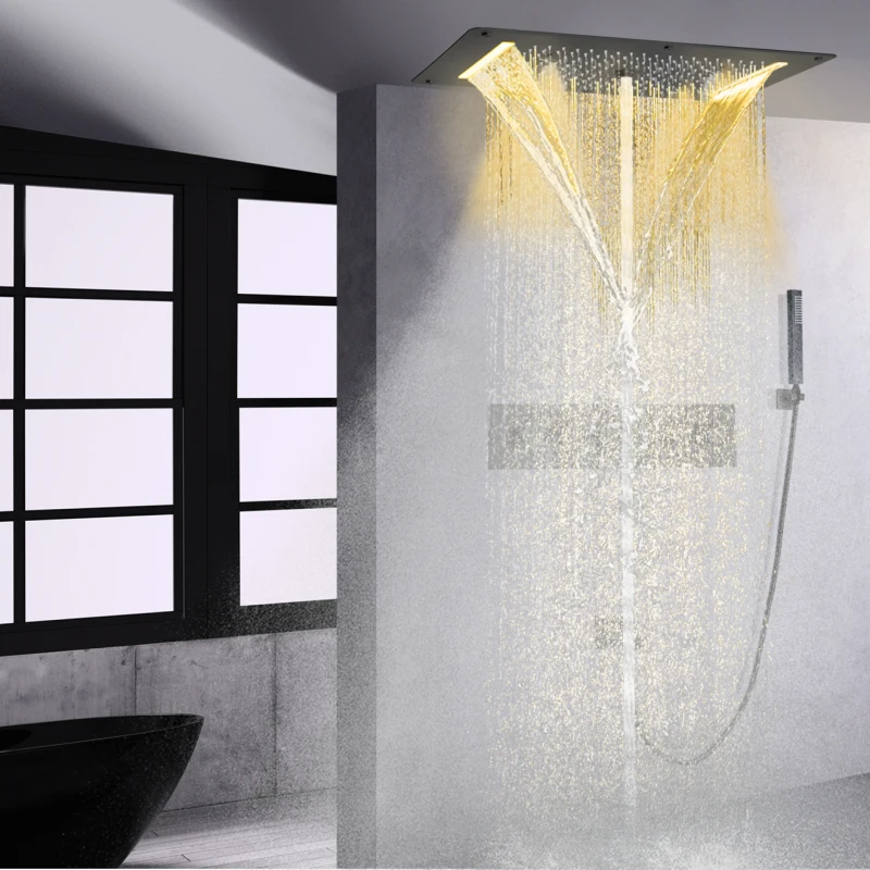 Matte Black Thermostatic Shower System Set 700X380 MM LED Bathroom Ceiling Shower Rainfall