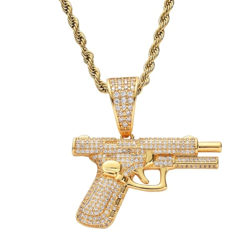 Fashion Hip Hop Crystal Pistol Pendant Personality Cool Rap Trend Pendant Necklace for Men Gift