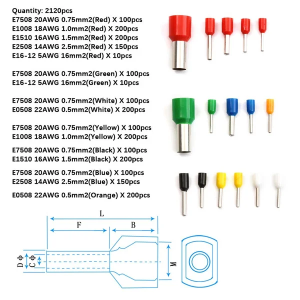 2120PCS Insulated Cord Pin End Terminal Ferrules Kit Set Wire Copper Crimp Connectors 22-5AWG