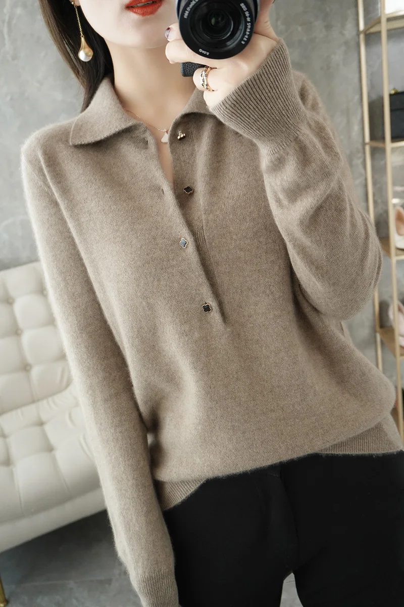 Cashmere sweater women 2021 winter new 100% wool Turn-down Collar sweater casual knitwear plus size solid color loose ladies top