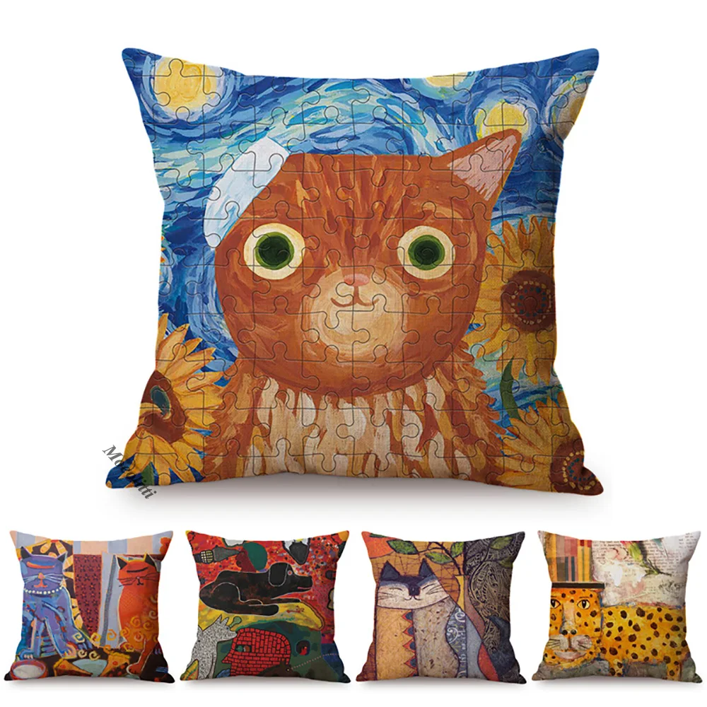 Europe Hand-Painted Cartoon Animals Cat Dog Fox Children Room Cute Decorative Cushion Cover Cotton Linen Sofa Throw Pillow Case