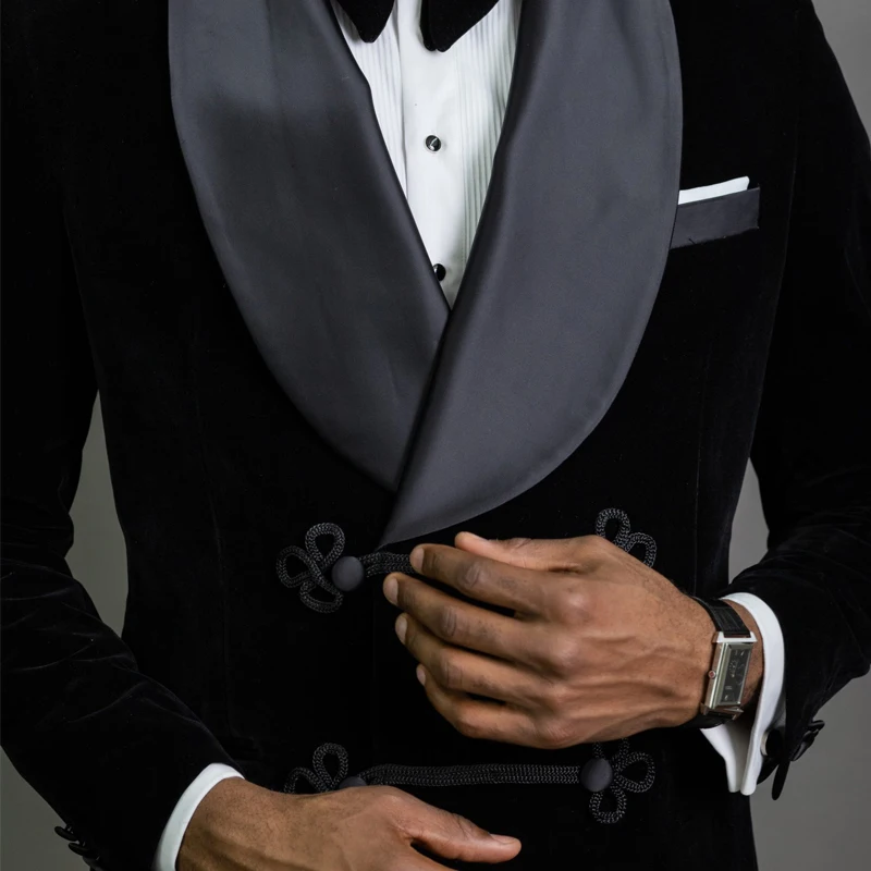 Double Breasted Groom Tuxedo for Wedding Black Velvet Men Suits 2 Piece Tailor Made African Male Fashion Blazer with Pants