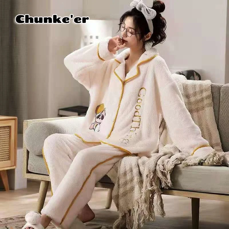 2021 Autumn And Winter New Flannel Comfortable Cotton Two Piece Set Playful And Lovely Women's Home Clothes Coral Velvet Pajamas