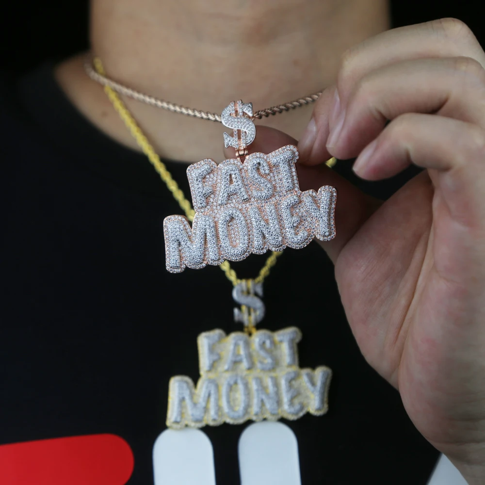 New Iced Out Bling Crown Letters Money Pendant Necklace Two Tone Color CZ Zircon Dollar Symbol Necklaces Men\'s Hip Hop Jewelry