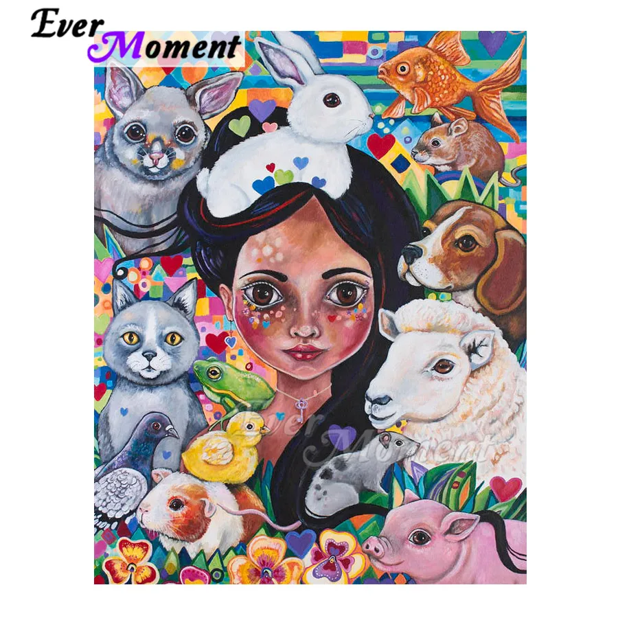 

Ever Moment Diamond Painting Girl Animals Rabbit Dogs Sheep Fish Mosaic Square Diamond Embroidery Cross Stitch Handmade ASF1855