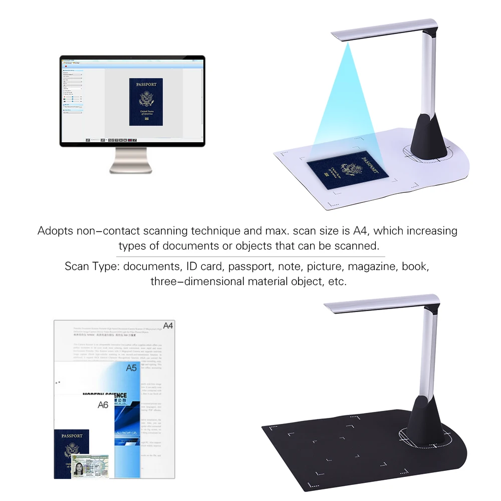 BK34 USB 2.0 Book Document 1s High Speed Scanner A4 Size 2592*1944 5MP HD Picture Camera Support OCR Function With LED Light