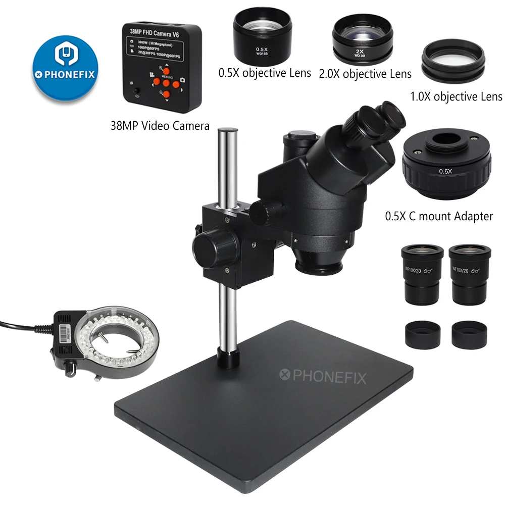 Black 38MP HDMI Camera Microscopio 3.5X-90X Simul-Focal Trinocular Stereo Microscope for Electronics Repair Phone PCB Soldering