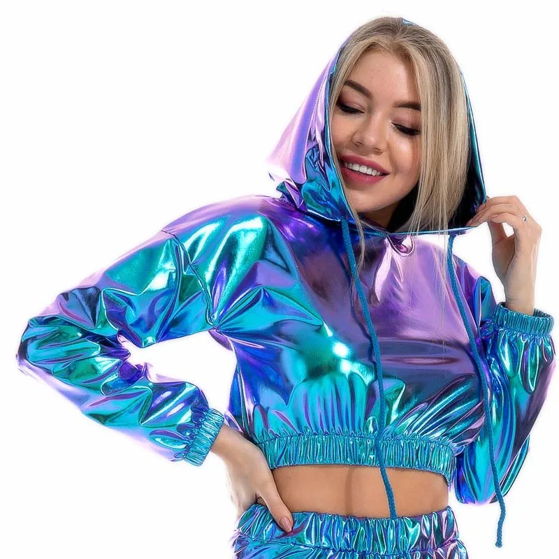 Sexy Cropped Holographic Hoodies Women Shiny PU Metallic Hoody Long Sleeve Short Sweatshirt with Drawstring Pullovers Streetwear