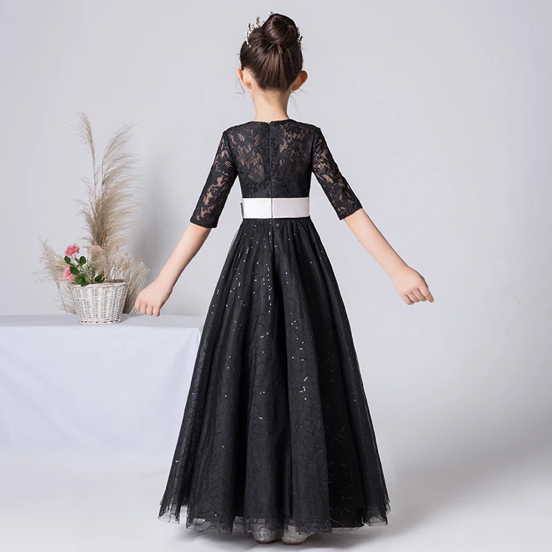 Dideyttawl Black Tulle Sparkly Dress For Girls Half Sleeve Lace Long Flower Girl Dresses For Wedding And Party Sashes