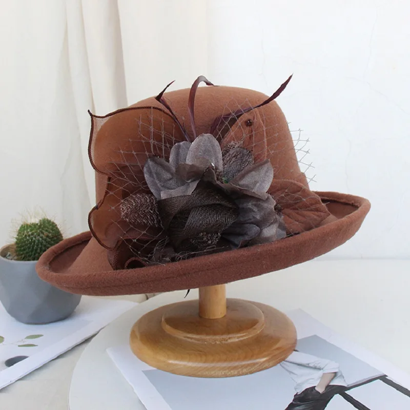 2021 frauen Warme Wolle Filz Blumen Hut Damen Breiter Krempe Hut Herbst Winter Edle Elegante Mädchen Mode Party Kappe Dekoration – Detail 9