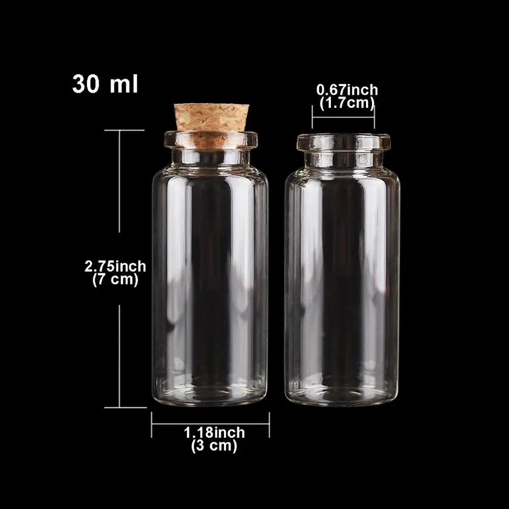 24pcs 30*70*17mm 30ml Mini Glass Wishing Bottles Tiny Jars Vials With Cork Stopper wedding gift