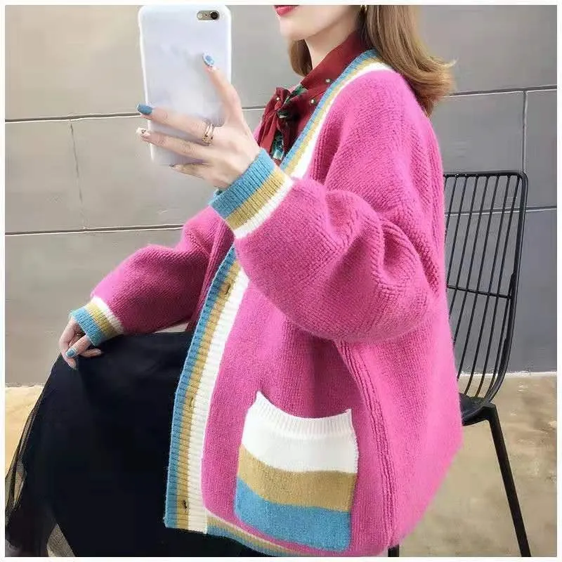 Women Casual Loose Sweater Coat Jacket Cashmere Cardigans Candy Color Knitted Sweater Korean Top Patchwork Large Big Jacket