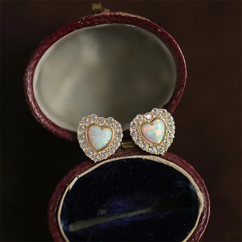 925 Sterling Silver French Opal Stone Heart Kolczyki sztyfty dla kobiet Pavé Zircon Light Luksusowy ślub 14-karatowe złocenie — zdjęcie 6