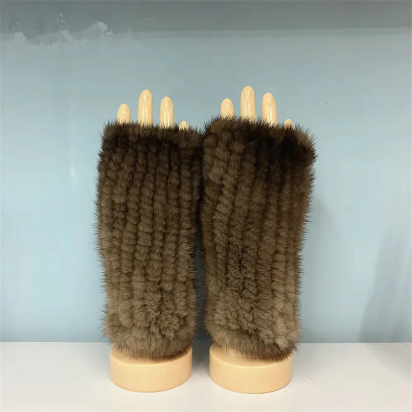 Real Mink Fur Gloves Girls Knitted Fingerless Mittens Elastic Spandex Fluffy Weave Winter Luxury Handwarmer