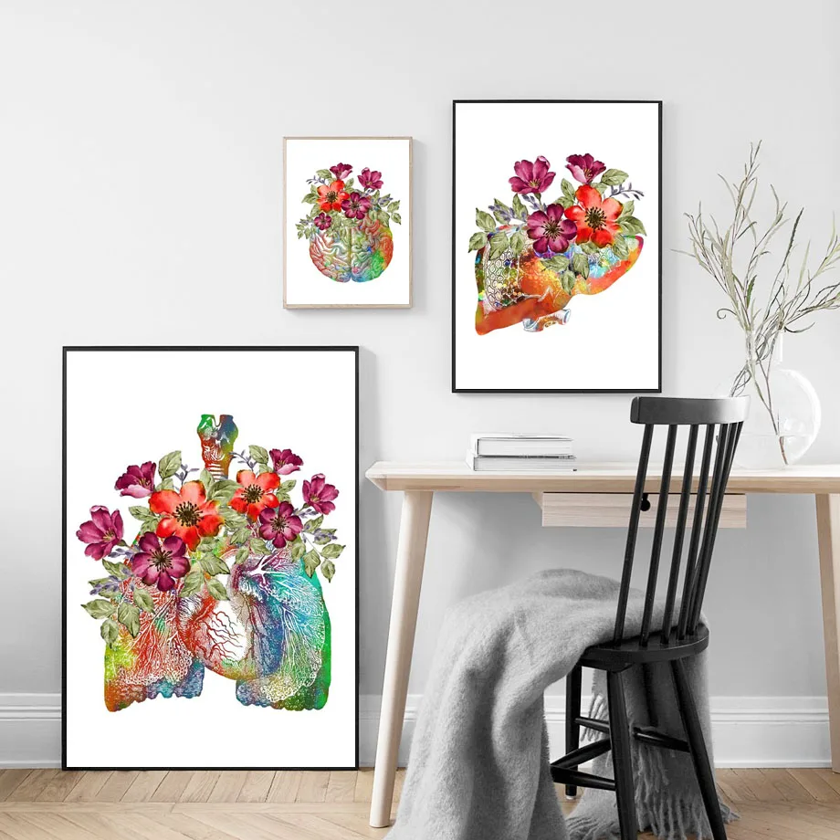 Flower Medicine Organ Anatomy Lung Heart Brain Wall Art Canvas Painting Nordic Poster And Prints Wall Pictures For Doctors Decor