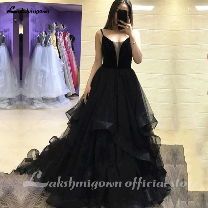 Vestidos de casamento preto gótico do vintage a linha cintas de espaguete volta rufflestiered tule saia vestidos de noiva de noiv