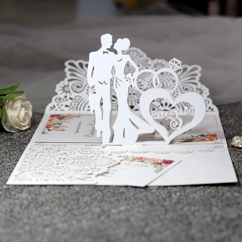 5pcs European Laser Cut Wedding Invitations Card 3D Tri-Fold Diamond Ring Engagement Greeting Card Wedding Party Favor Supplies