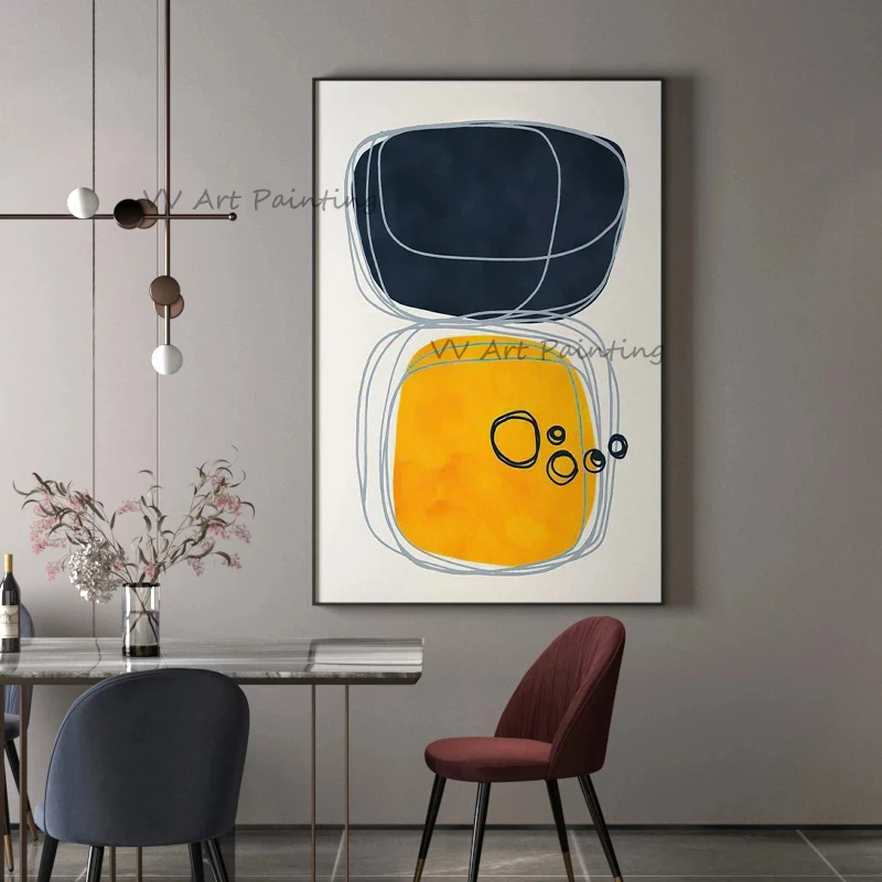 100% Hand Painted Canvas, Navy Orange Geometric Line Abstract, Minimal Vertical Wall Art for Living Room Decor