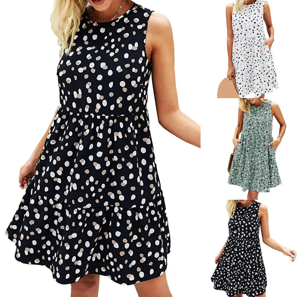 Summer Women Sundress O Neck Dots Print senza maniche orlo grande abito allentato al ginocchio per ufficio abbigliamento donna muslimexmuslimate 2021