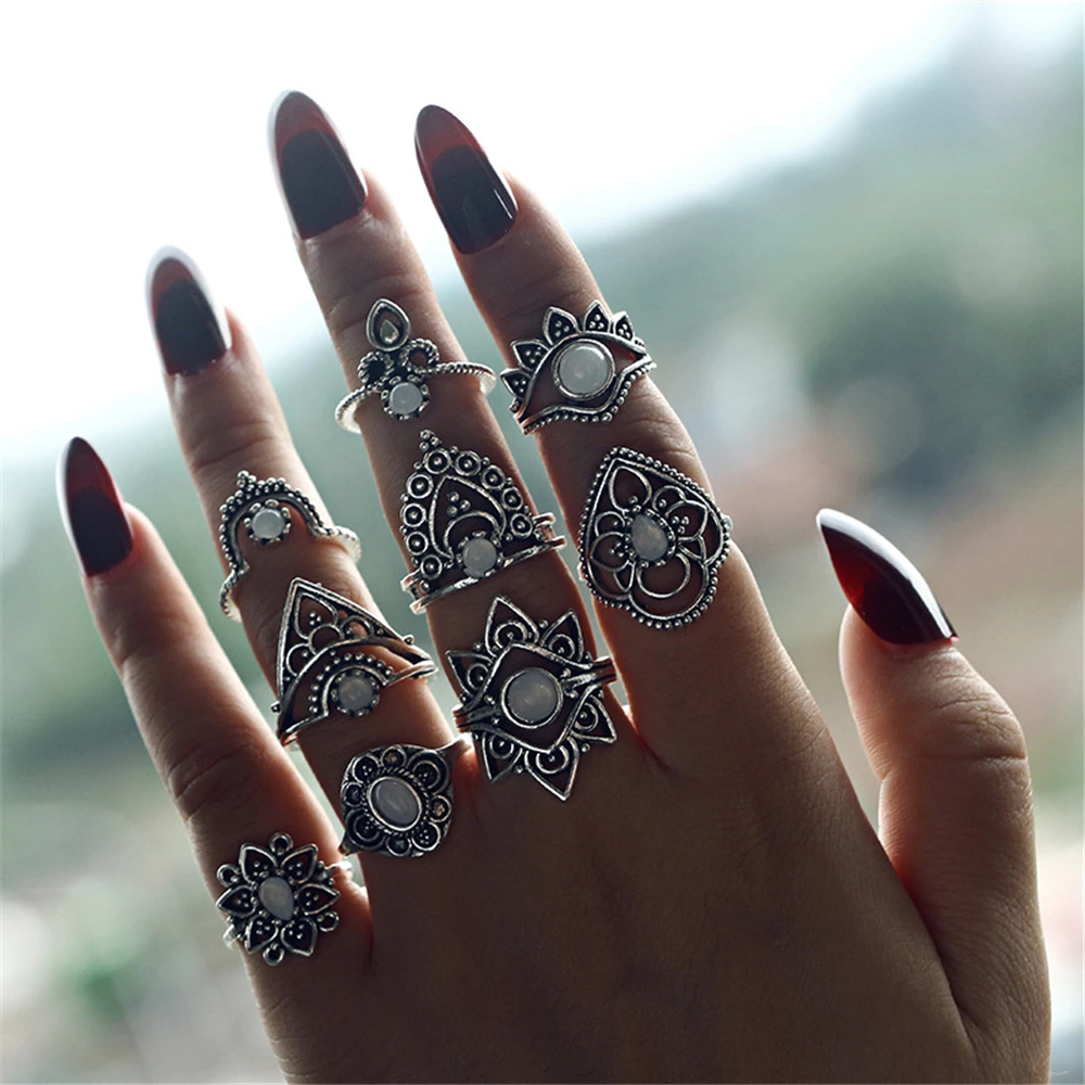 Vintage Silver Color Various Flower Geometric Ring Sets For Women New Boho New Adjustable Fashion Rings Female Valentine Gift